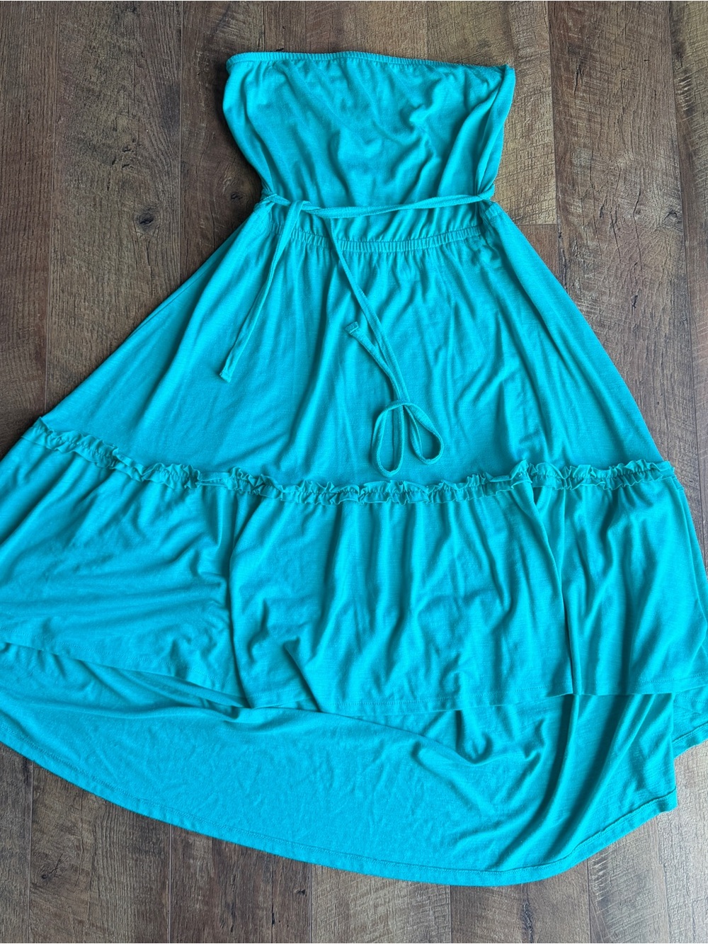 Faded Glory Women’s Strapless Elastic Top Tier Ruffle High Low Dress Belt Teal L